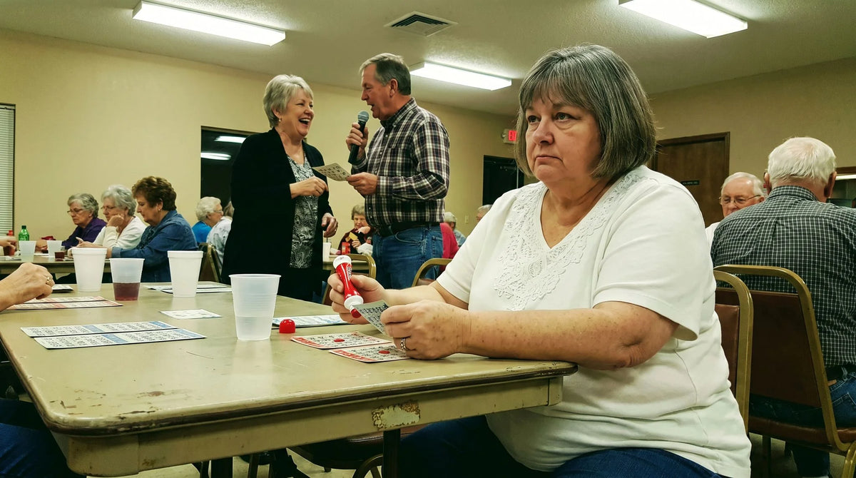 Women at a community-hall bingo night under fluorescent lights