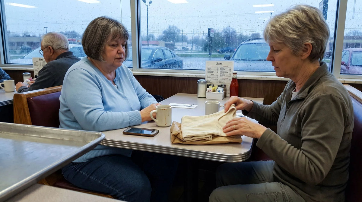 Two women talking over coffee in a diner booth, a paper bag on the table