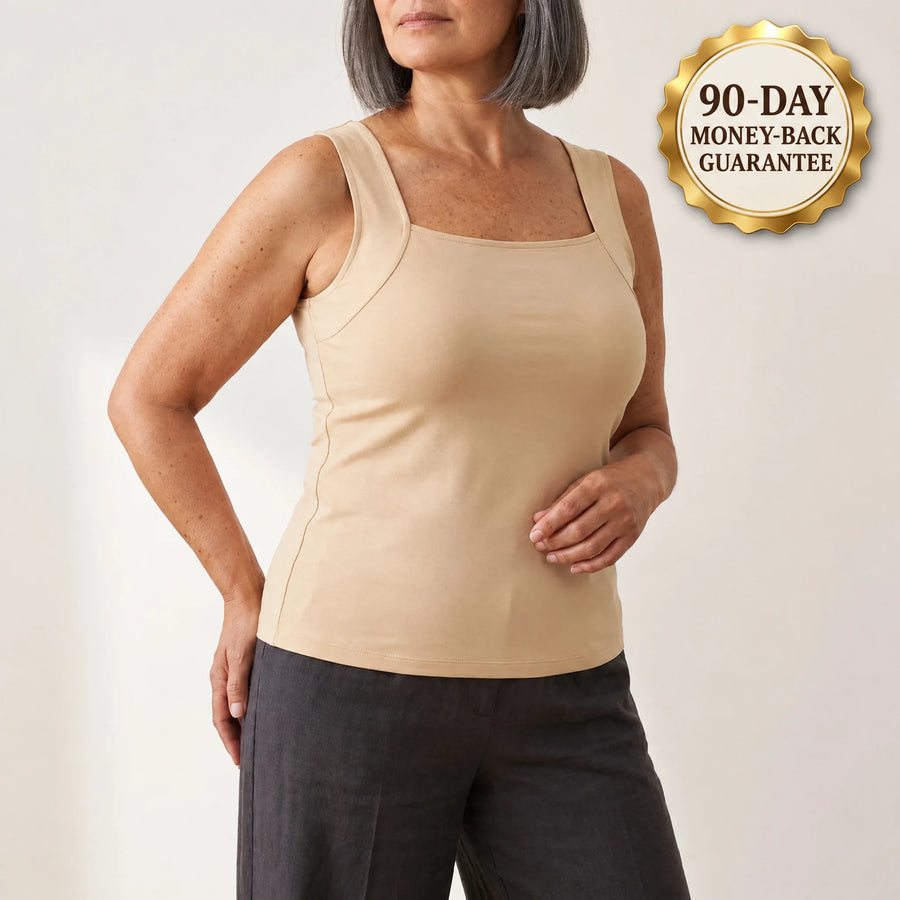 Woman wearing the Maddietanks built-in bra tank in Nude, with a gold 90-day guarantee seal in the corner