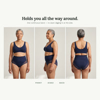 Front, side and back views of the shaping brief in navy
