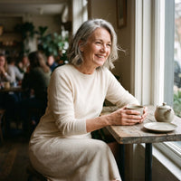 Woman in a knit dress sitting at a cafe, smooth lines under her clothes