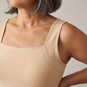 Wide shoulder panel and square neckline, close up