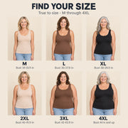 Size guide for the Maddietanks built-in bra tank: six women in Nude, Coffee and Black labelled M to 4XL with bust measurements