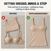 Comparison of a separate tank and underwire bra next to the Maddietanks built-in bra tank in Nude, which combines both in one piece