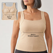 Built-in wireless support: the tank's smooth front with sewn-in bra cups shown in an inset flat-lay