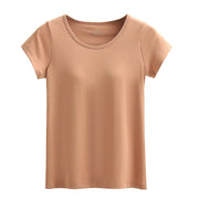 Maddie's built-in bra tee in Caramel, laid flat and seen from the front