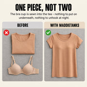 Comparison showing a separate tee and underwire bra next to the Maddietanks built-in bra short-sleeve tee in caramel, which combines both in one piece