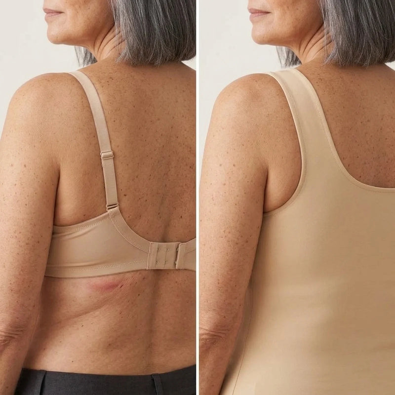 A bra clasp and strap slider marking the skin, beside the smooth wide strap of the tank