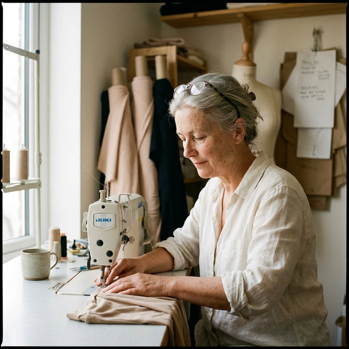 Maddie sewing a built-in bra tank at her machine in the workshop